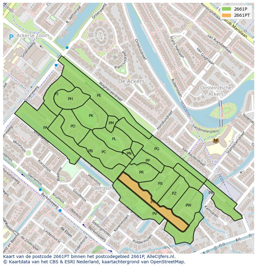 Afbeelding van het postcodegebied 2661 PT op de kaart.