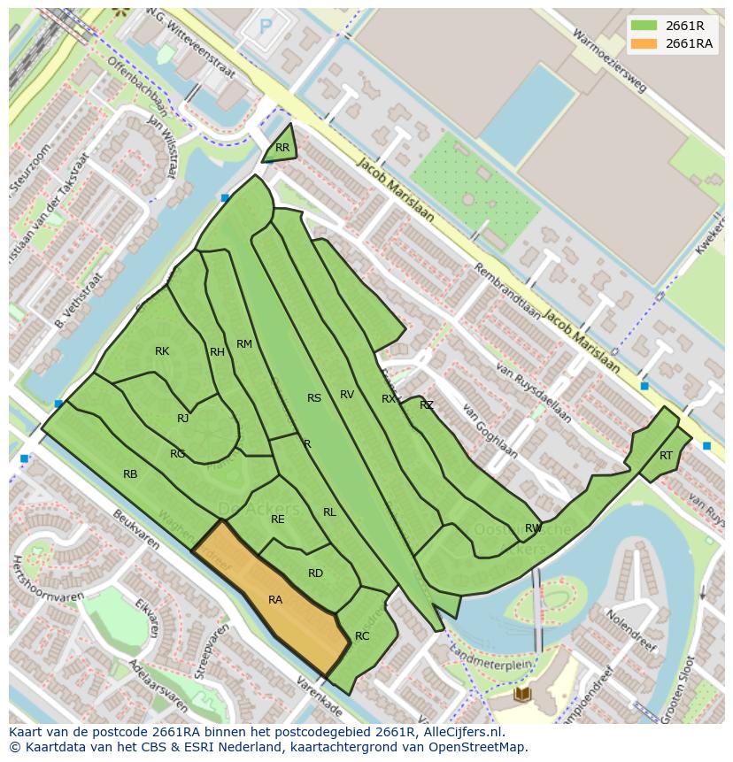 Afbeelding van het postcodegebied 2661 RA op de kaart.