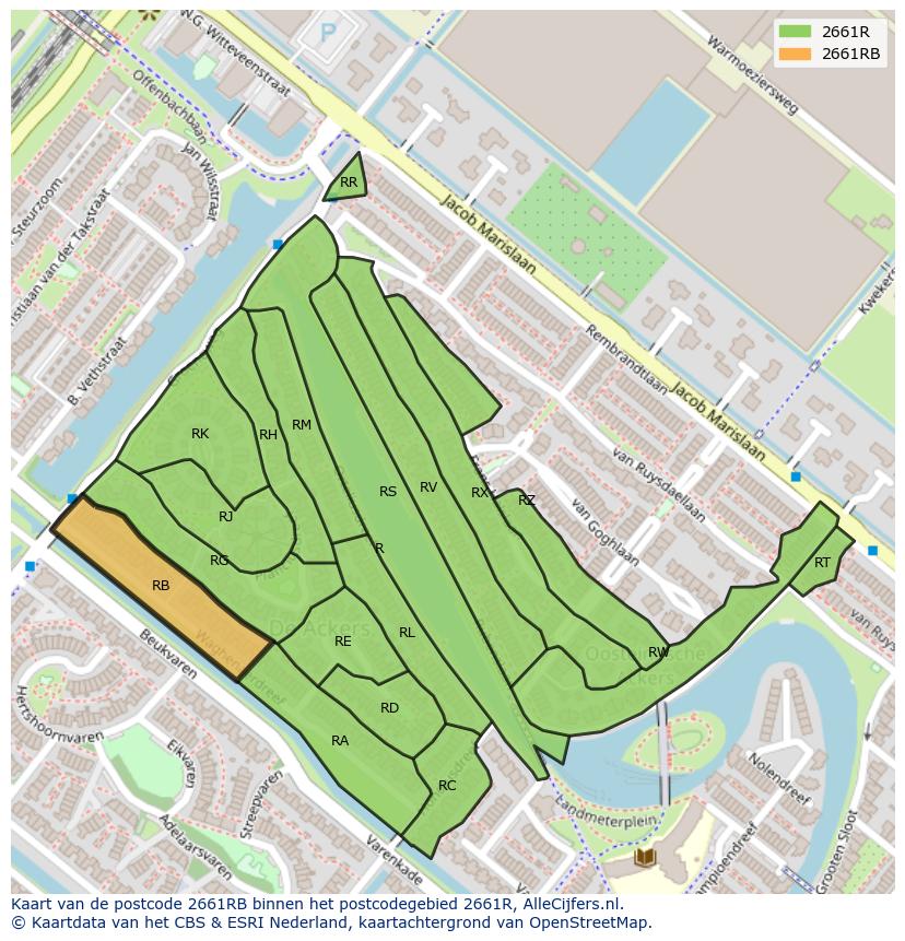 Afbeelding van het postcodegebied 2661 RB op de kaart.