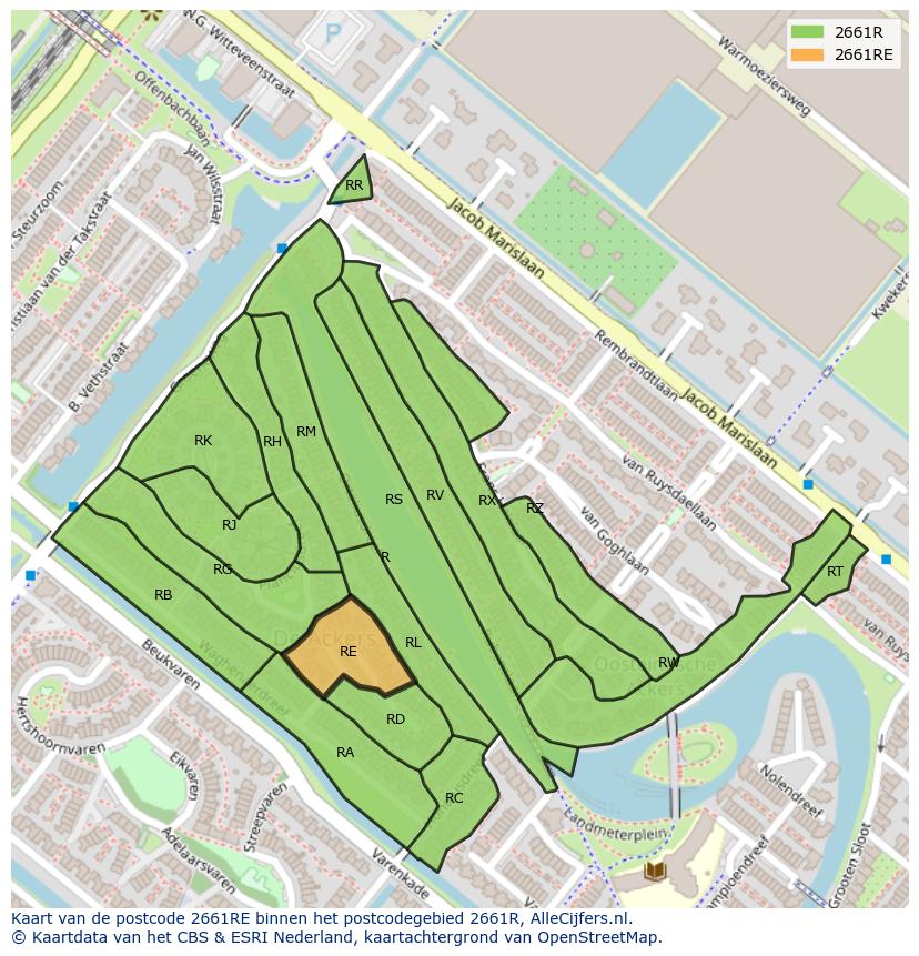 Afbeelding van het postcodegebied 2661 RE op de kaart.