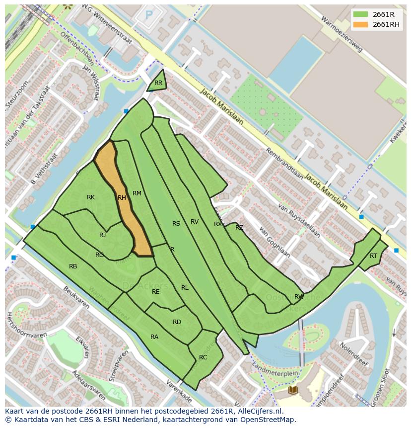 Afbeelding van het postcodegebied 2661 RH op de kaart.