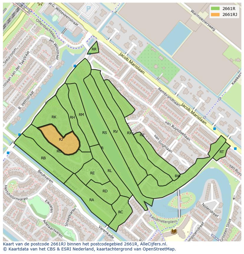 Afbeelding van het postcodegebied 2661 RJ op de kaart.