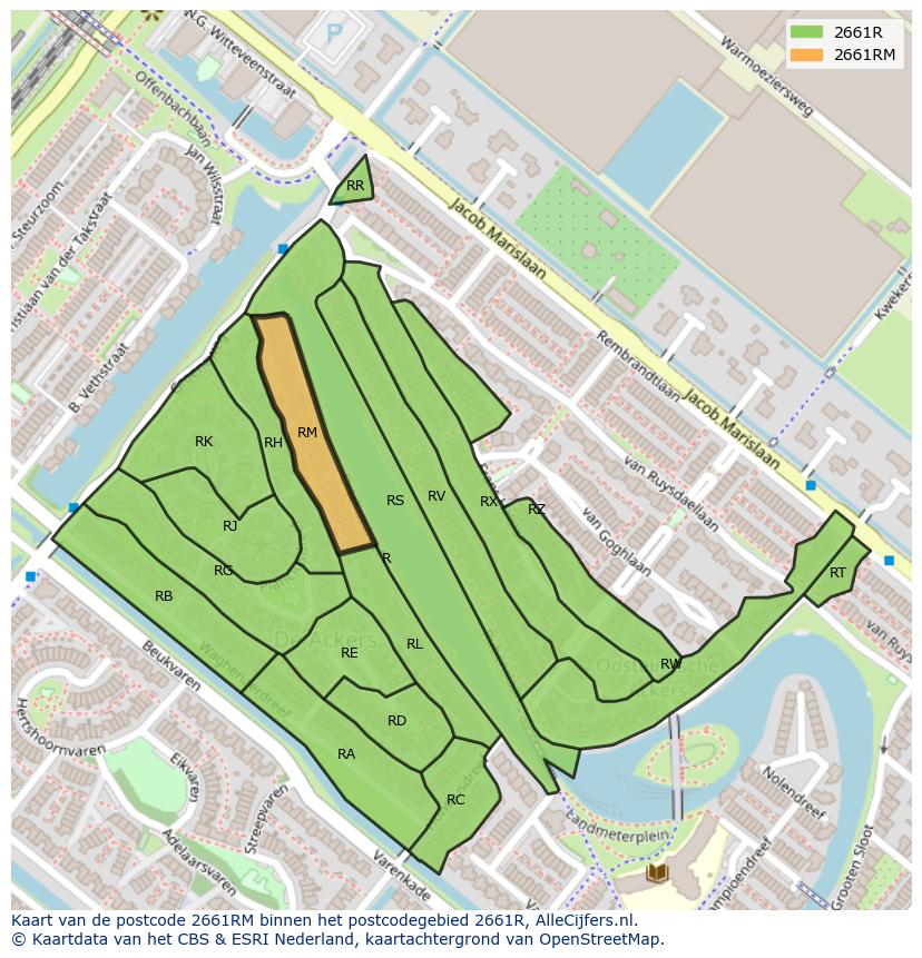 Afbeelding van het postcodegebied 2661 RM op de kaart.