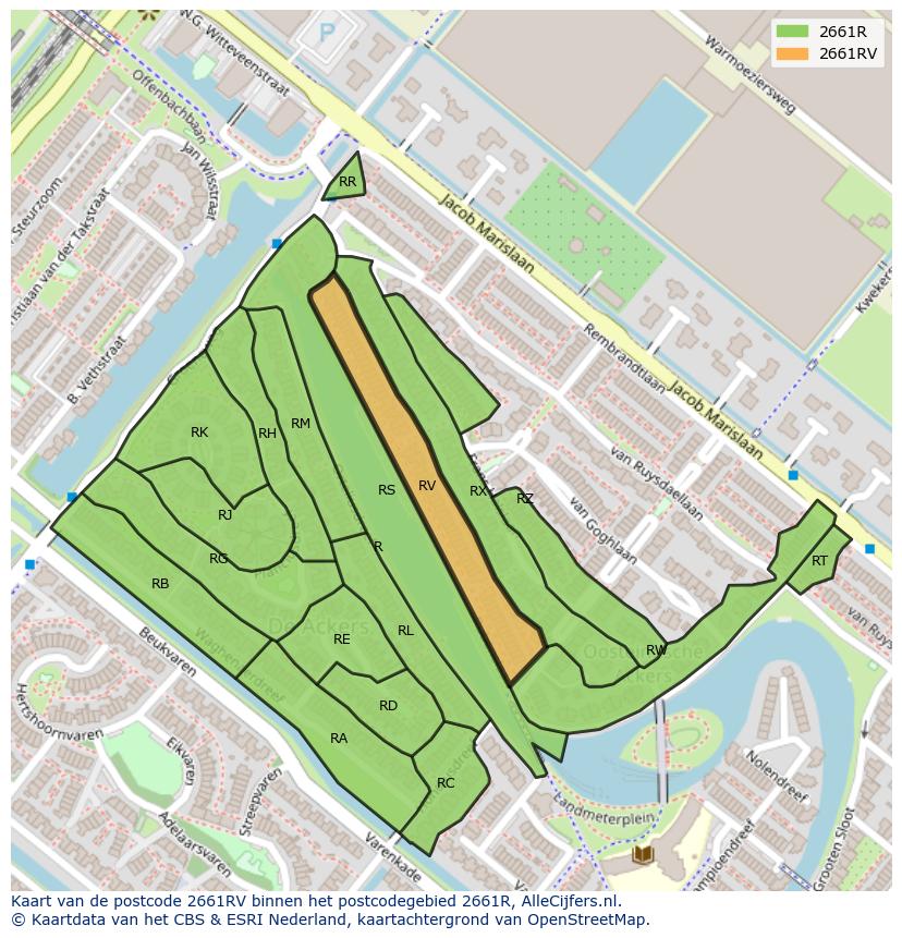 Afbeelding van het postcodegebied 2661 RV op de kaart.