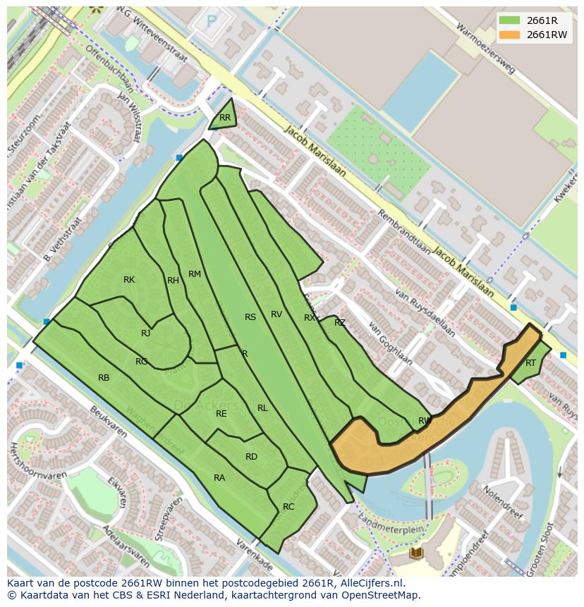 Afbeelding van het postcodegebied 2661 RW op de kaart.
