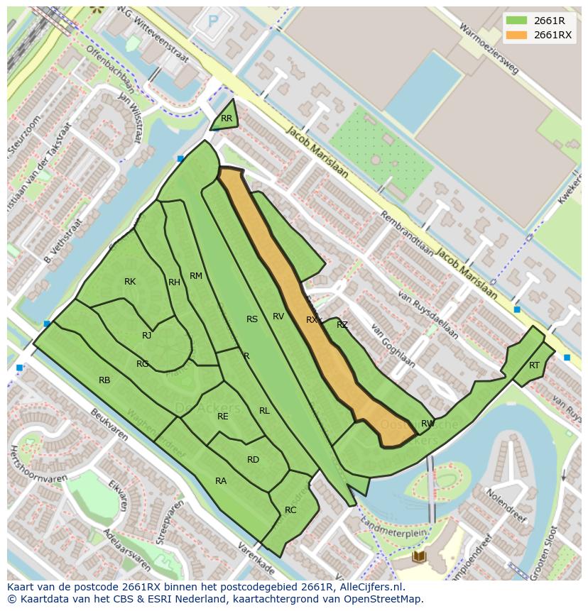 Afbeelding van het postcodegebied 2661 RX op de kaart.
