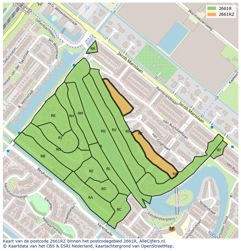 Afbeelding van het postcodegebied 2661 RZ op de kaart.