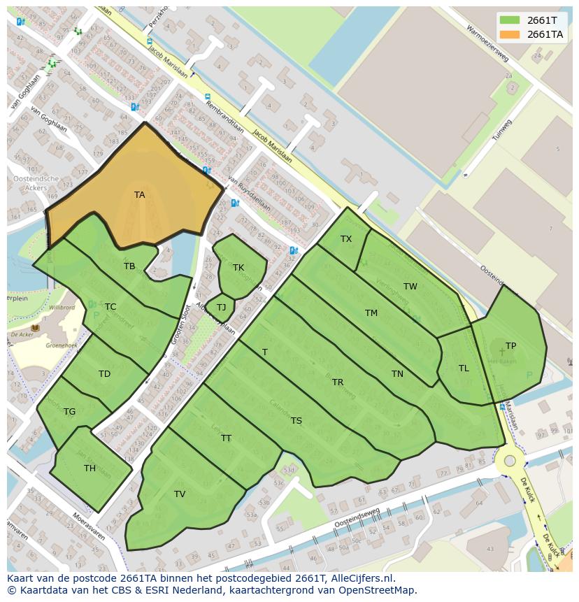 Afbeelding van het postcodegebied 2661 TA op de kaart.