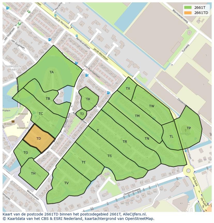 Afbeelding van het postcodegebied 2661 TD op de kaart.