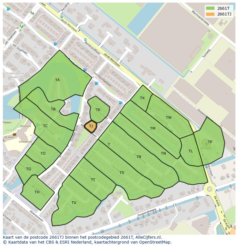 Afbeelding van het postcodegebied 2661 TJ op de kaart.
