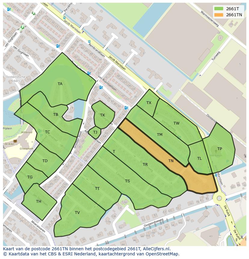 Afbeelding van het postcodegebied 2661 TN op de kaart.