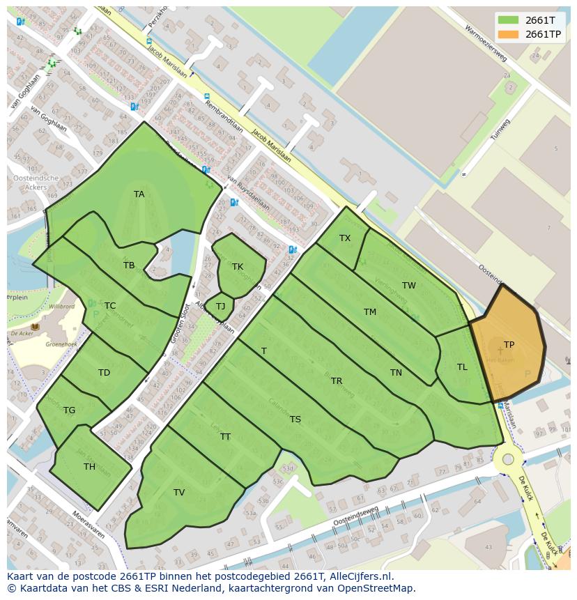 Afbeelding van het postcodegebied 2661 TP op de kaart.