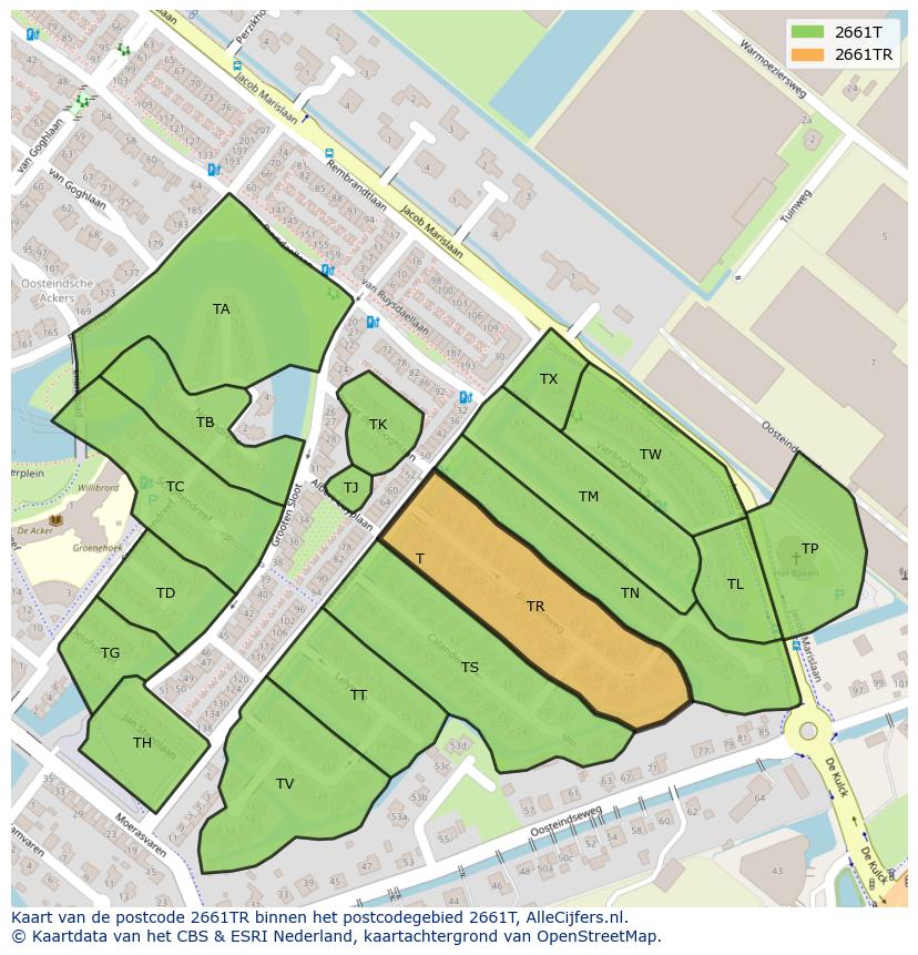 Afbeelding van het postcodegebied 2661 TR op de kaart.