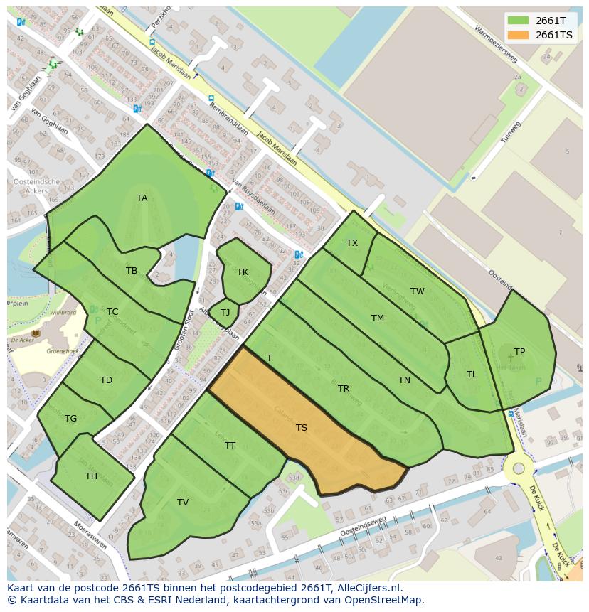 Afbeelding van het postcodegebied 2661 TS op de kaart.