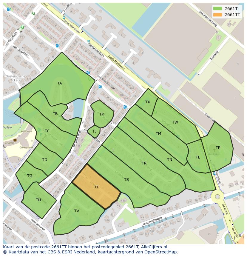 Afbeelding van het postcodegebied 2661 TT op de kaart.