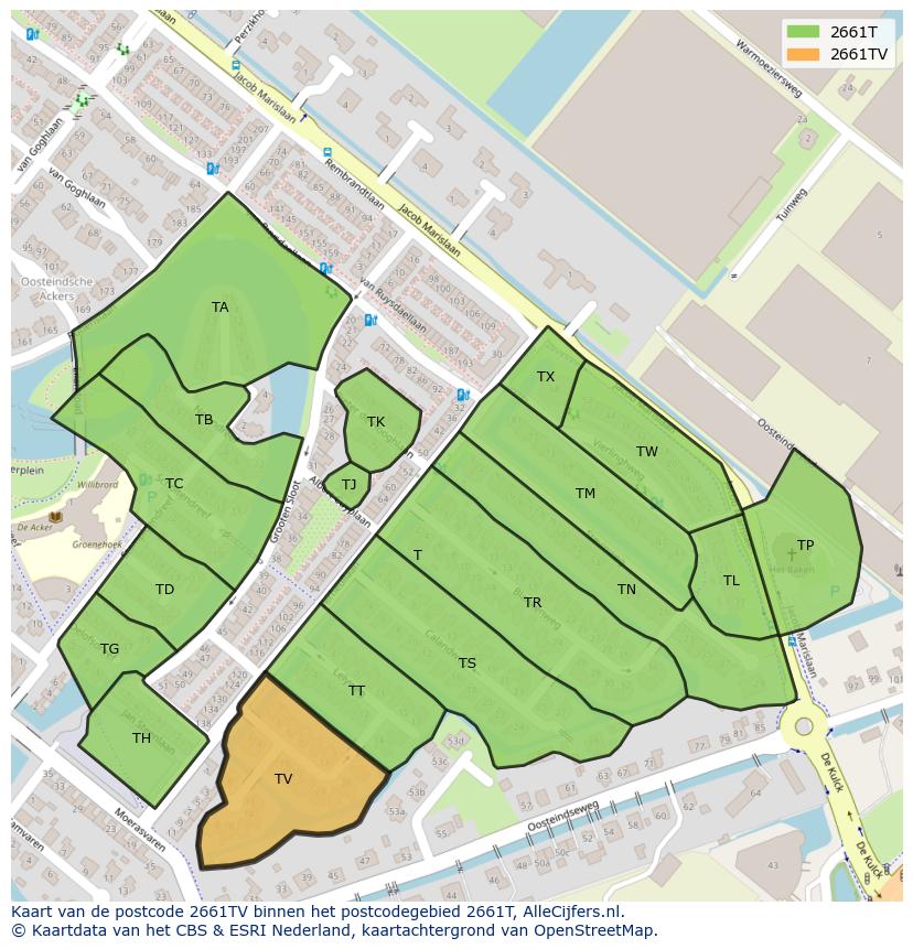 Afbeelding van het postcodegebied 2661 TV op de kaart.