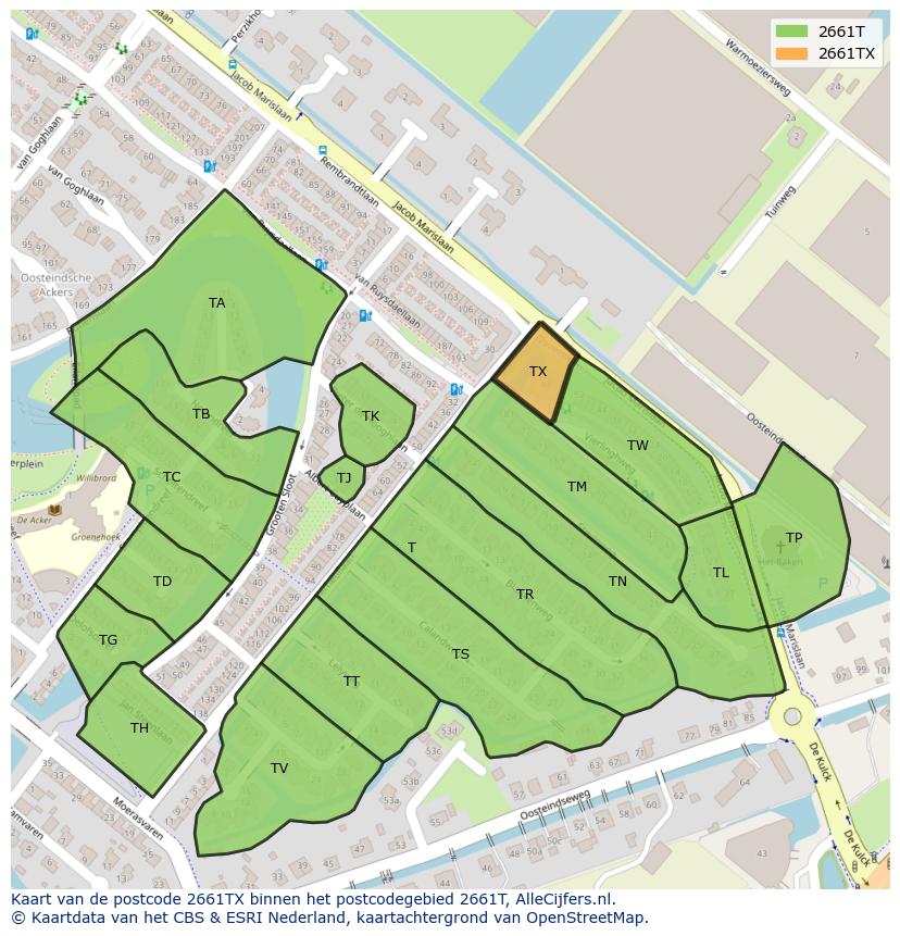 Afbeelding van het postcodegebied 2661 TX op de kaart.