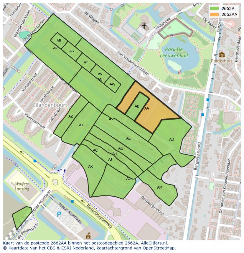 Afbeelding van het postcodegebied 2662 AA op de kaart.