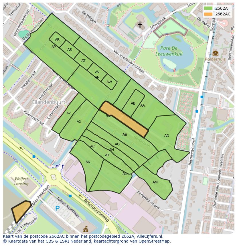 Afbeelding van het postcodegebied 2662 AC op de kaart.