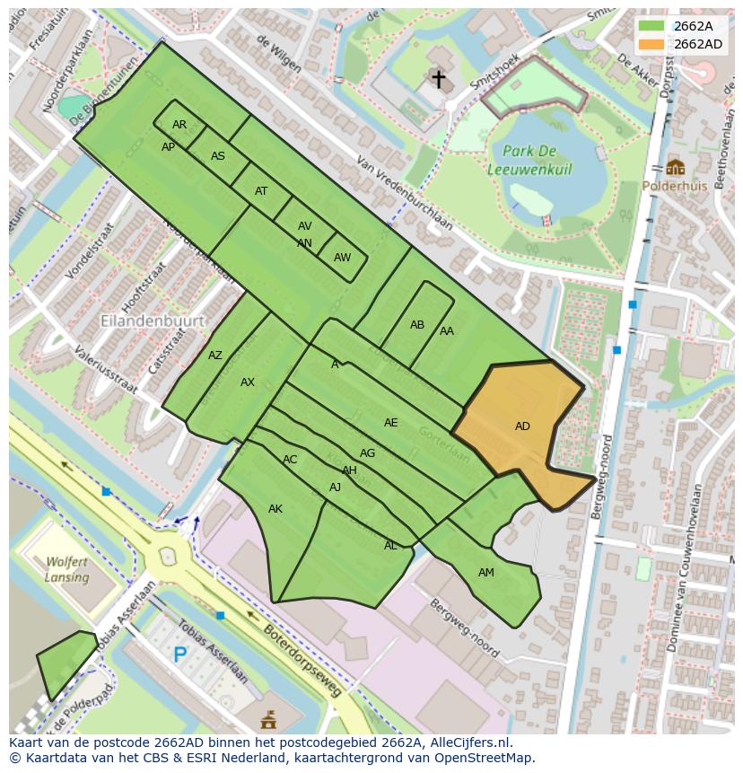 Afbeelding van het postcodegebied 2662 AD op de kaart.