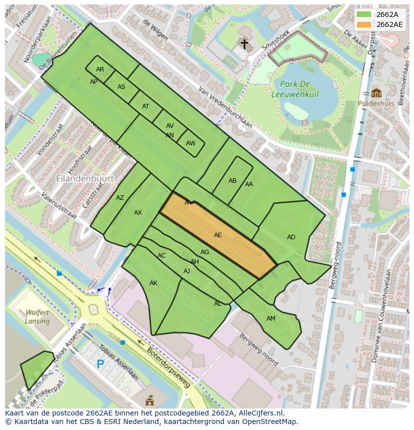 Afbeelding van het postcodegebied 2662 AE op de kaart.