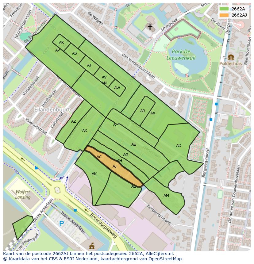 Afbeelding van het postcodegebied 2662 AJ op de kaart.