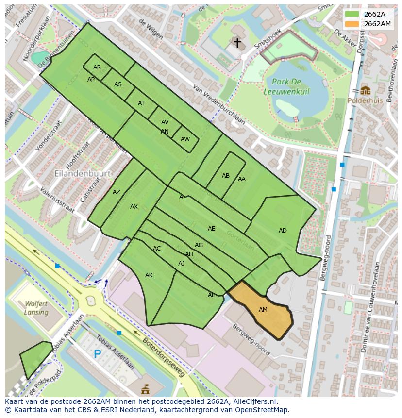 Afbeelding van het postcodegebied 2662 AM op de kaart.