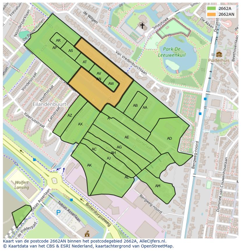 Afbeelding van het postcodegebied 2662 AN op de kaart.