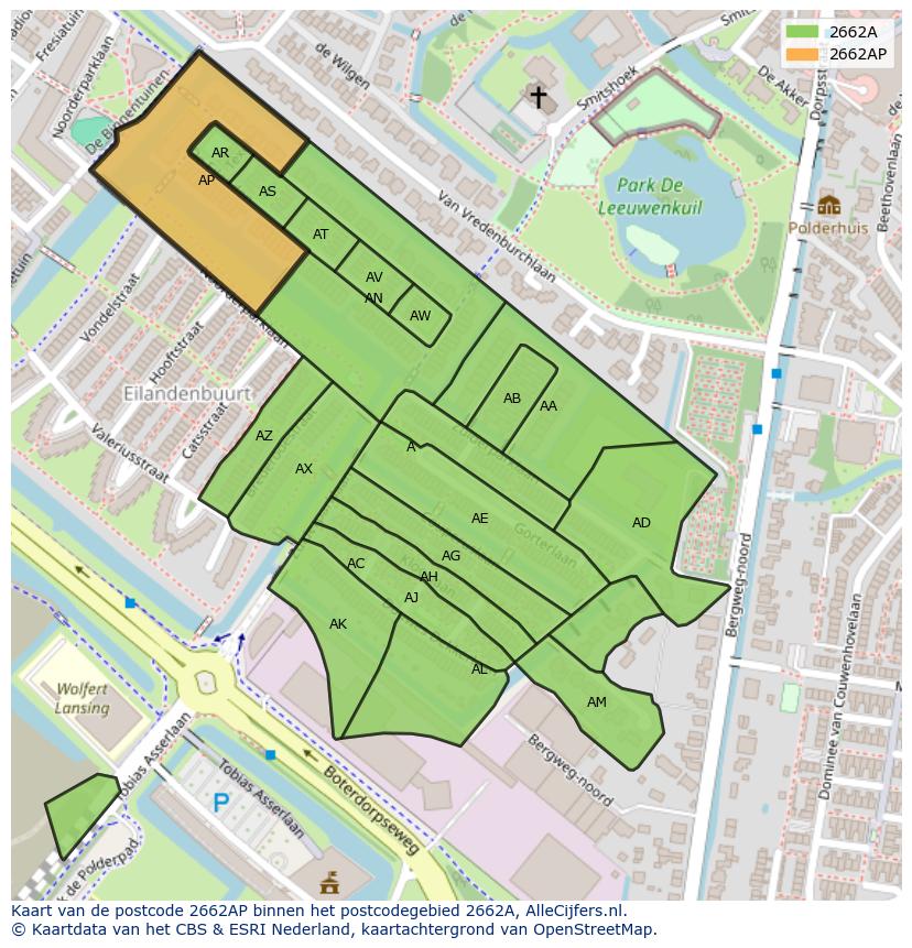 Afbeelding van het postcodegebied 2662 AP op de kaart.