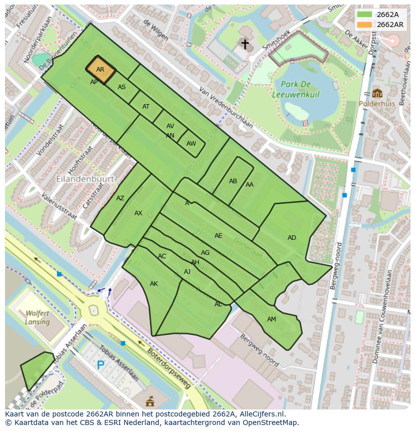 Afbeelding van het postcodegebied 2662 AR op de kaart.