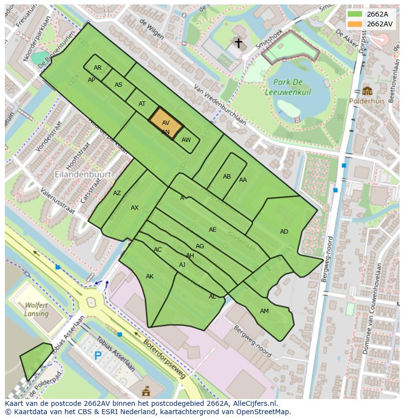 Afbeelding van het postcodegebied 2662 AV op de kaart.
