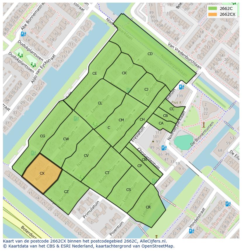Afbeelding van het postcodegebied 2662 CX op de kaart.