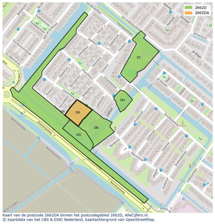 Afbeelding van het postcodegebied 2662 DA op de kaart.