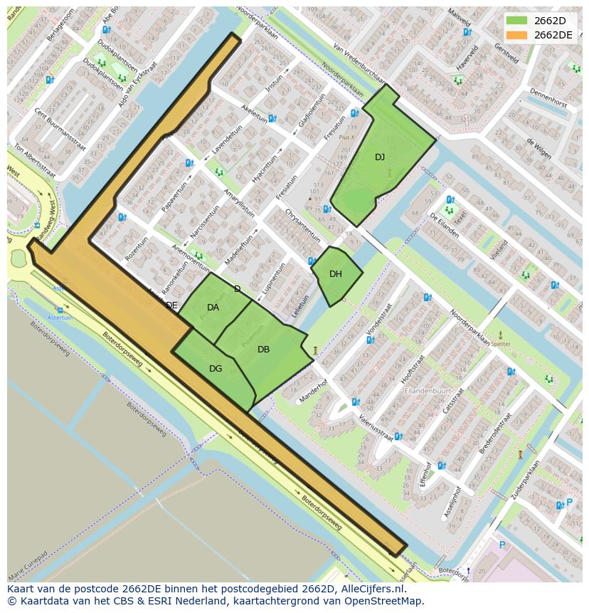 Afbeelding van het postcodegebied 2662 DE op de kaart.
