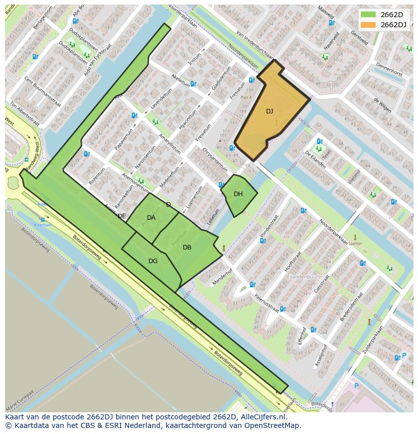 Afbeelding van het postcodegebied 2662 DJ op de kaart.