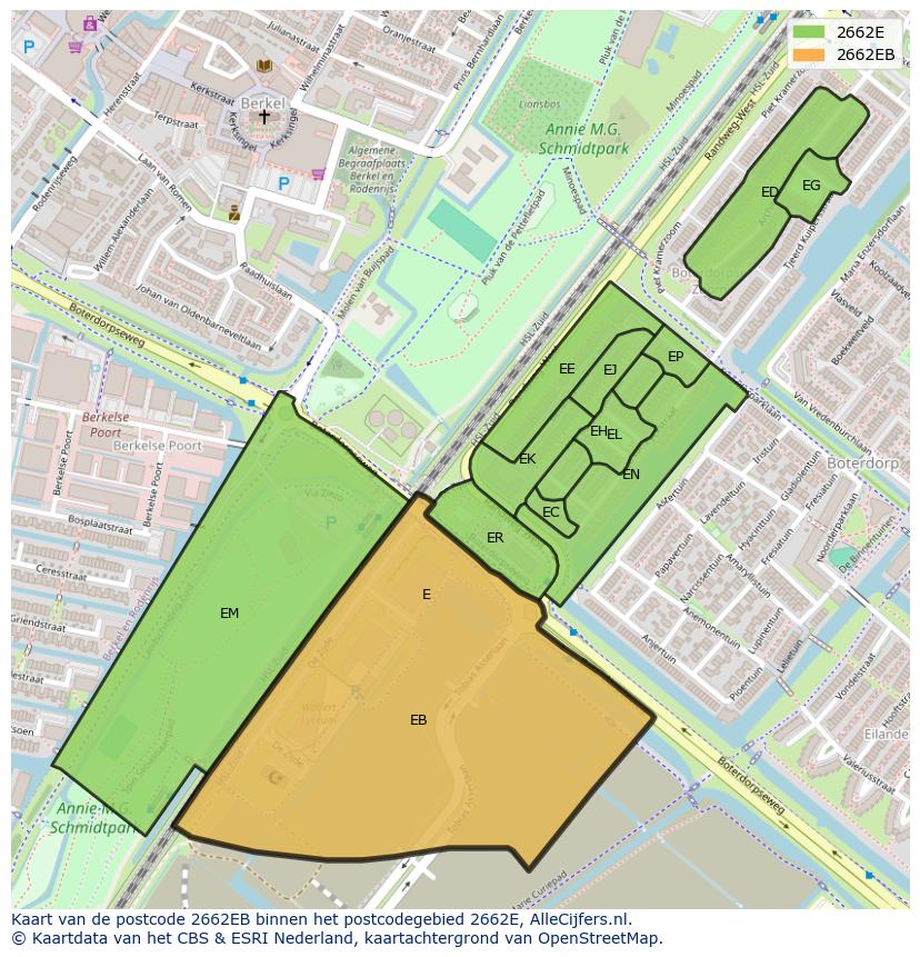 Afbeelding van het postcodegebied 2662 EB op de kaart.