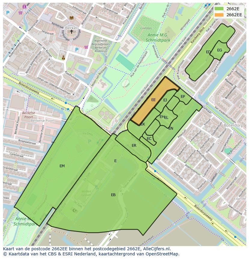 Afbeelding van het postcodegebied 2662 EE op de kaart.
