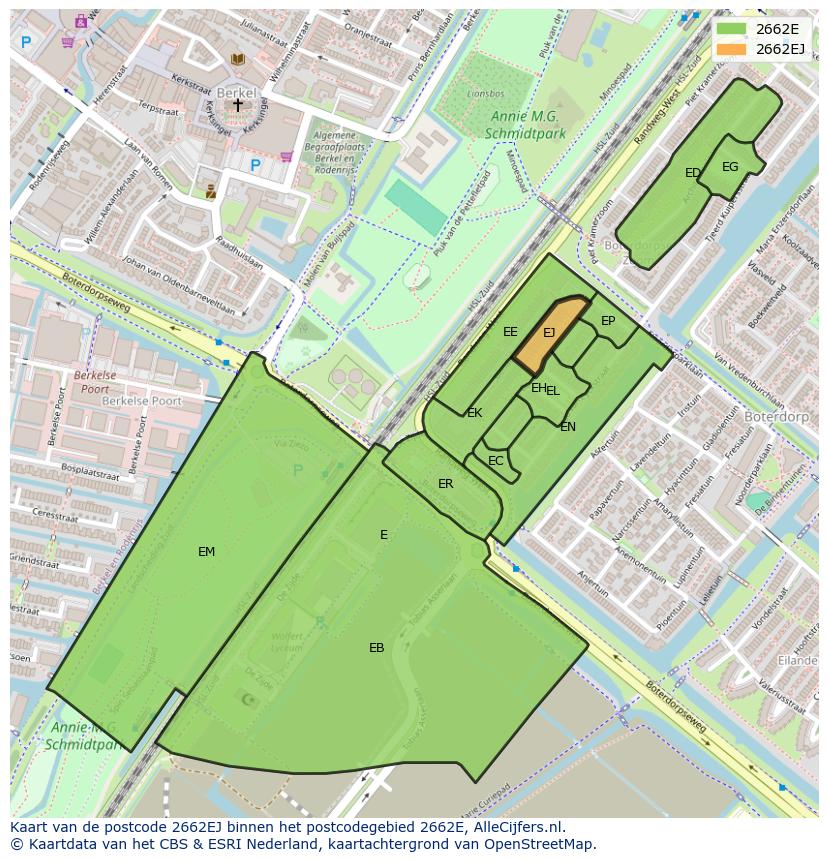 Afbeelding van het postcodegebied 2662 EJ op de kaart.