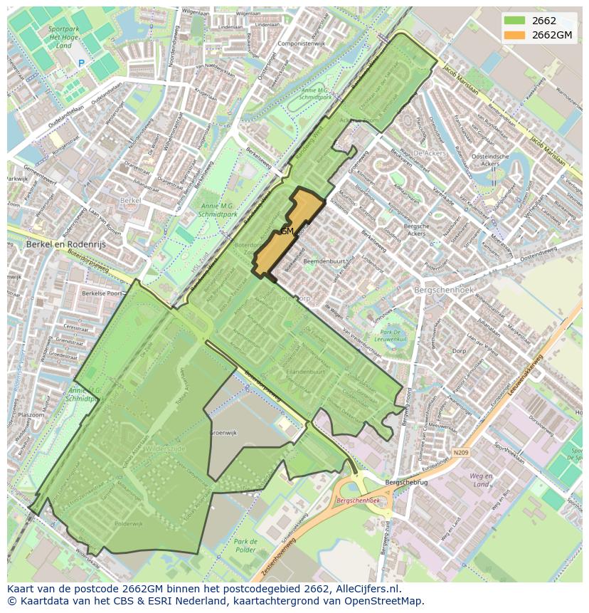 Afbeelding van het postcodegebied 2662 GM op de kaart.