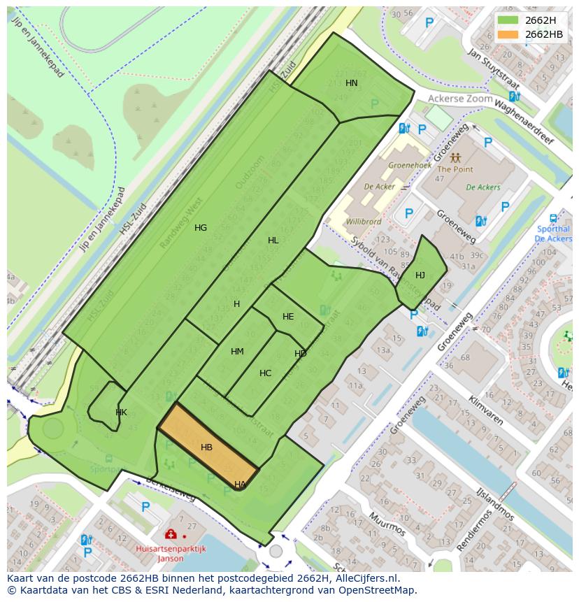 Afbeelding van het postcodegebied 2662 HB op de kaart.