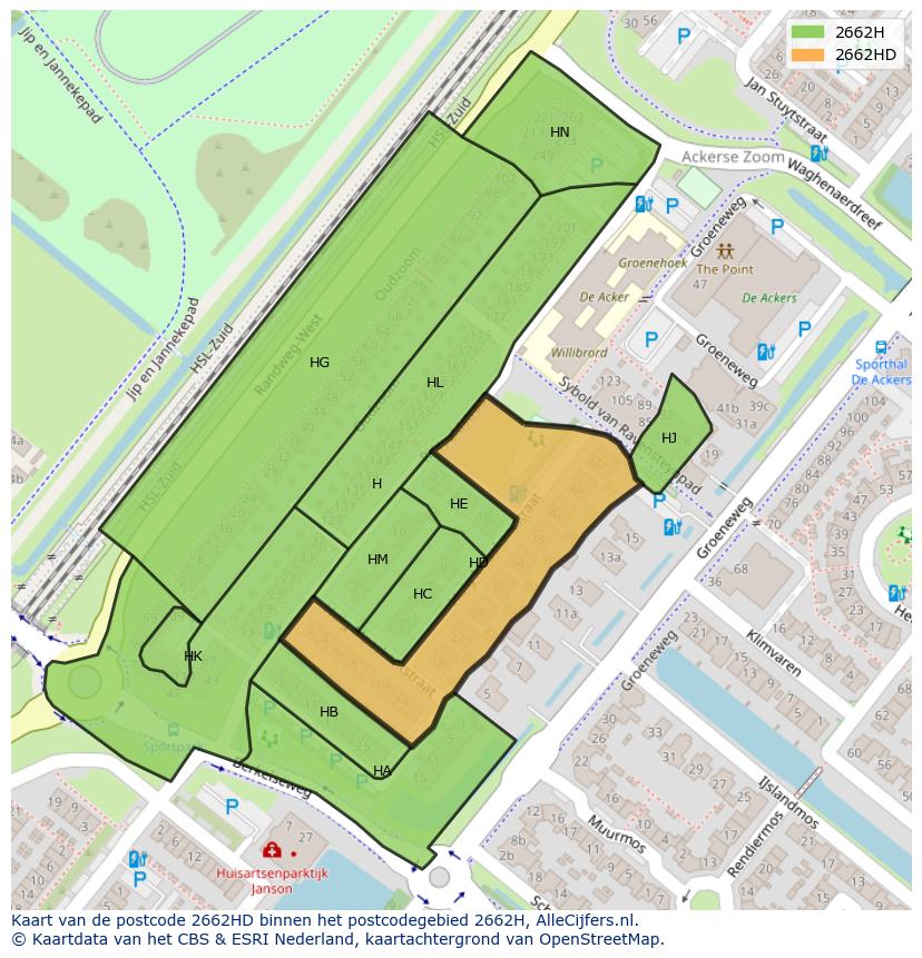 Afbeelding van het postcodegebied 2662 HD op de kaart.