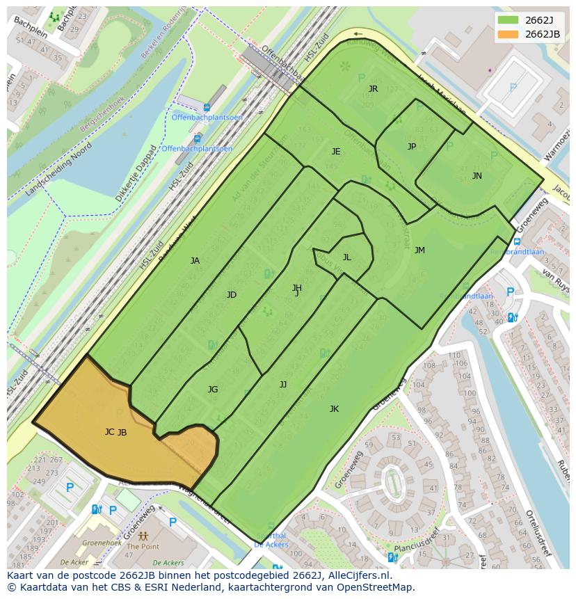 Afbeelding van het postcodegebied 2662 JB op de kaart.