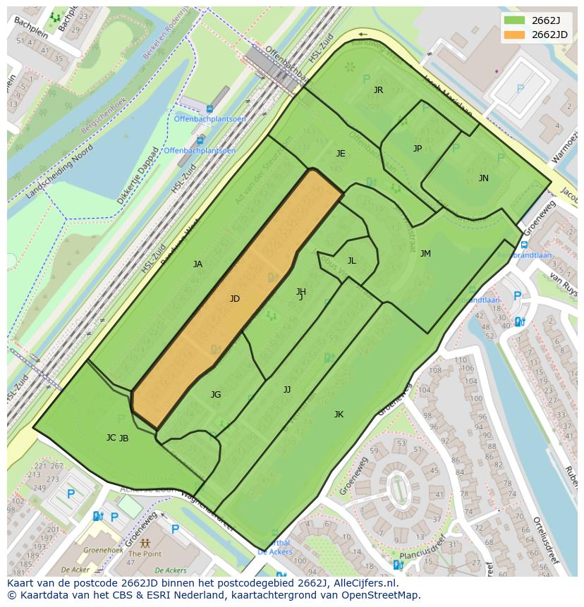 Afbeelding van het postcodegebied 2662 JD op de kaart.