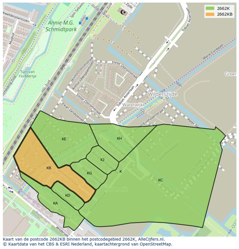Afbeelding van het postcodegebied 2662 KB op de kaart.