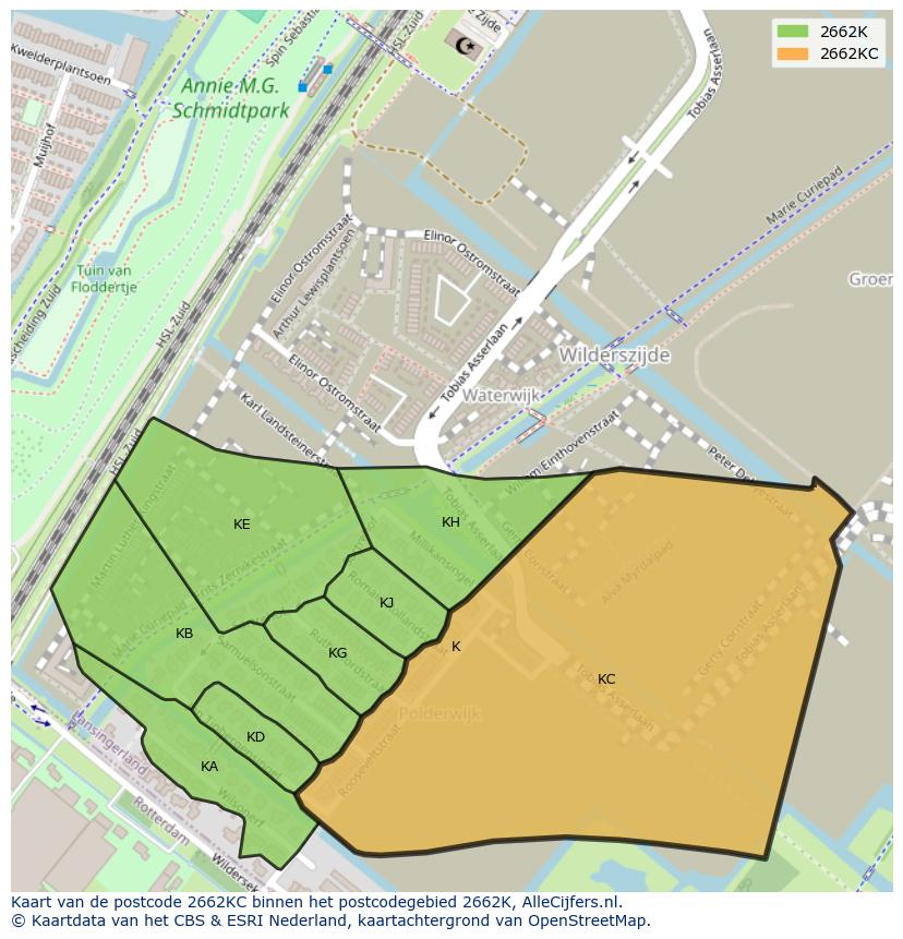 Afbeelding van het postcodegebied 2662 KC op de kaart.
