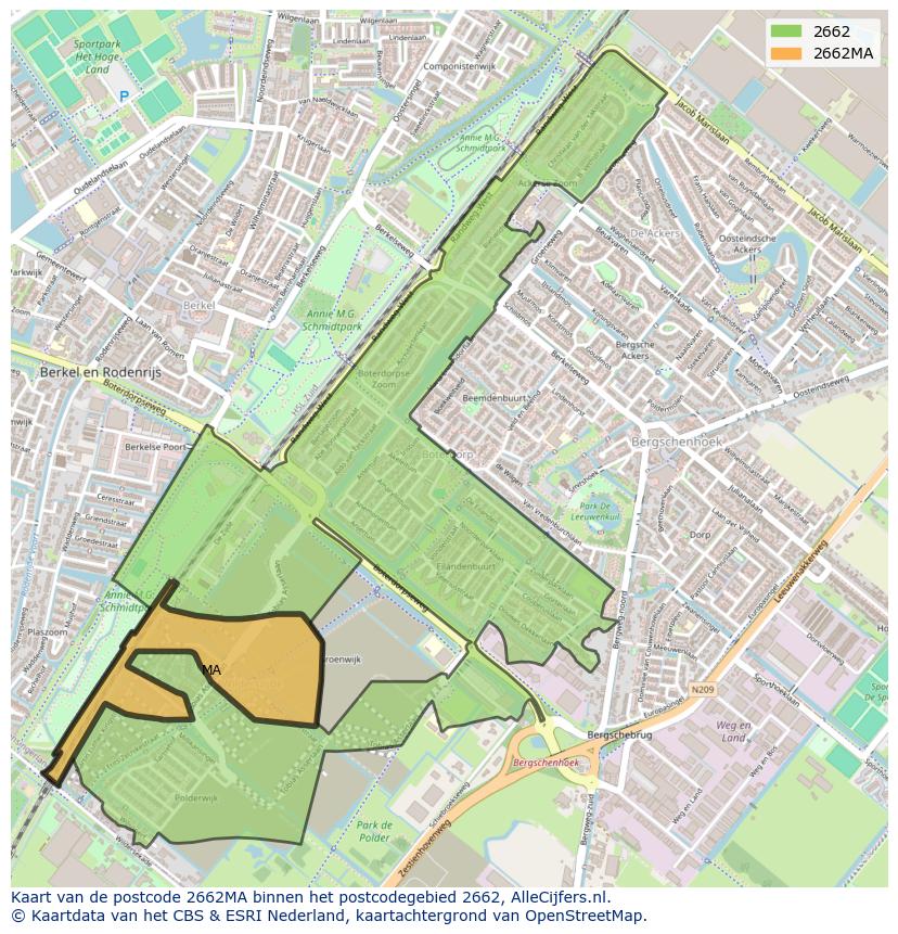 Afbeelding van het postcodegebied 2662 MA op de kaart.