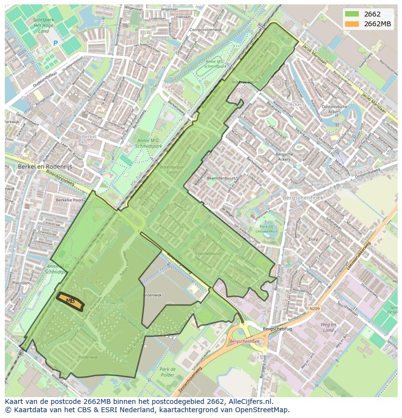 Afbeelding van het postcodegebied 2662 MB op de kaart.
