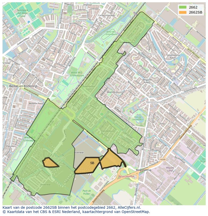 Afbeelding van het postcodegebied 2662 SB op de kaart.