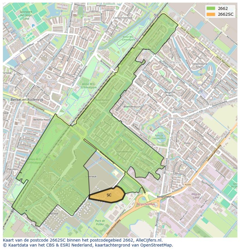 Afbeelding van het postcodegebied 2662 SC op de kaart.