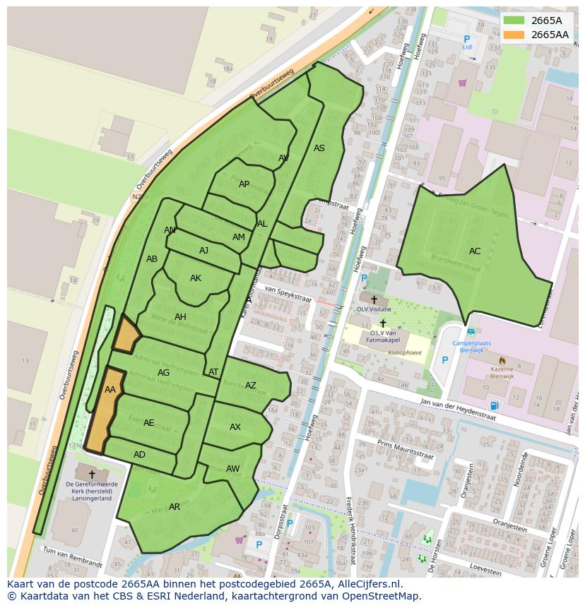 Afbeelding van het postcodegebied 2665 AA op de kaart.